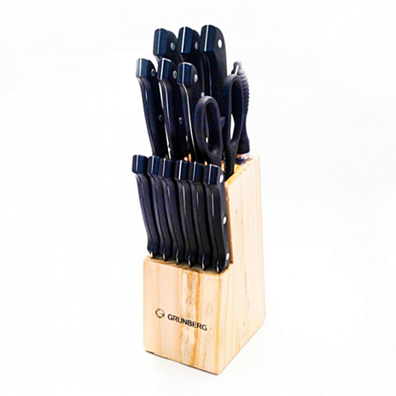 Set cutite 12 piese Grunberg, satar, foarfeca utilitara, masat, suport lemn, Negru-800x800